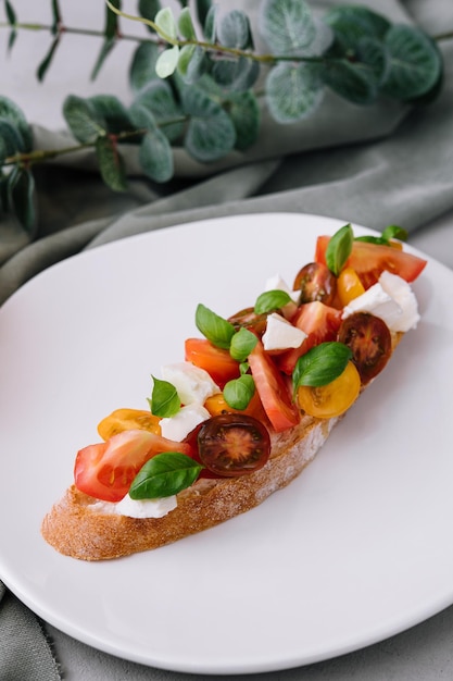 Traditionele Italiaanse bruschetta met kerstomaatjes en basilicumbladeren