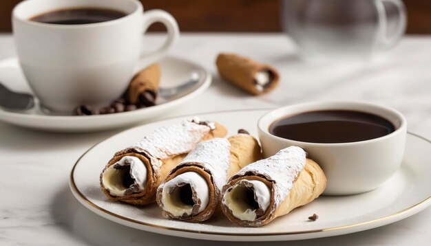 Traditionele Italiaanse desserts cannoli op het bord geserveerd met koffie