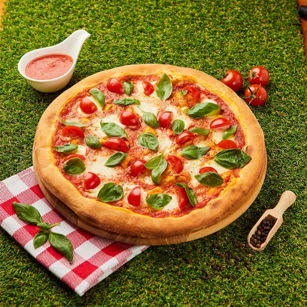 Traditionele Italiaanse Pizza Margarita met kaas, tomaat en basilicum op groen gras