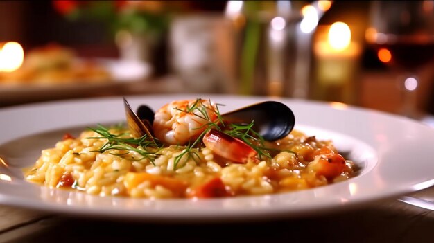 Traditionele Italiaanse risotto met zeevruchtengarnalen en mosselentomaten Gegenereerde AI