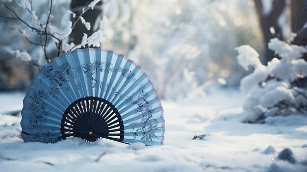 Traditionele Japanse fan met sneeuw winter landschap achtergrond AI gegenereerde inhoud