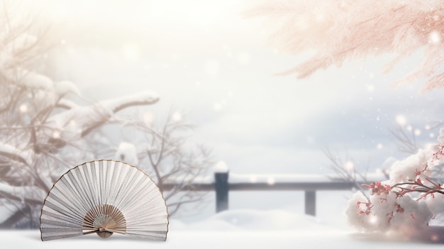 Traditionele Japanse fan met sneeuw winter landschap achtergrond AI gegenereerde inhoud