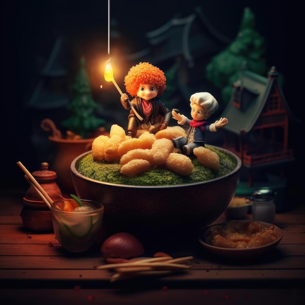 Traditionele Japanse rijstwafel en kleine jongen in de pot
