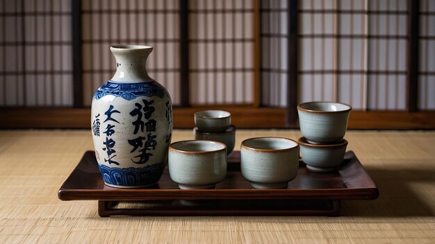 Traditionele Japanse sake op een bamboesmat voor een cultureel evenement