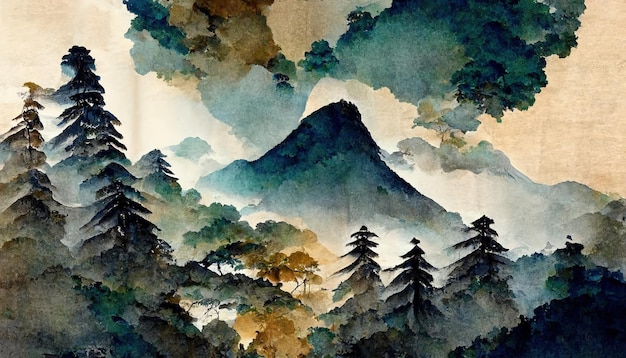 Traditionele Japanse stijl aquarel oosters patroon van Mount Fuji Geschikte aquarel
