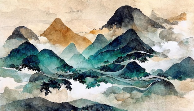 Traditionele Japanse stijl aquarel oosters patroon van Mount Fuji Suitable