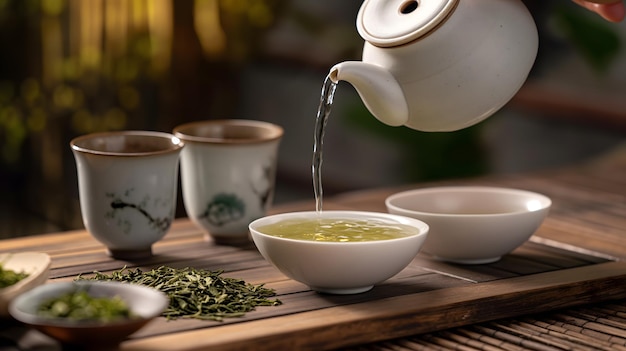 Traditionele Japanse theeceremonie met vers gebrouwen groene thee