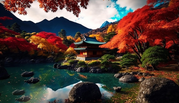 Traditionele Japanse tuin ontspannende kleurrijke natuurfoto's AI Gegenereerde afbeelding