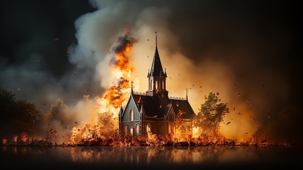 Traditionele Kerk in brand Kerk met kruisbrandwonden