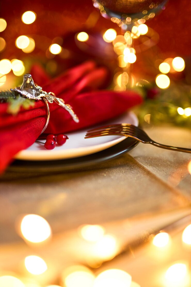 Foto traditionele kerst tafel couvert. vakantie achtergrond.