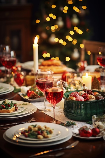 Traditionele kersttafel uit de jaren 90 met feestelijke gerechten en decor