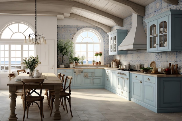 Traditionele keuken kamer interieur 3D-rendering