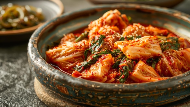 Traditionele Koreaanse kimchi in een keramische schaal gefermenteerde pittige kool bijgerecht op een gestructureerde