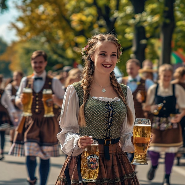 Traditionele kostuums op het Oktoberfest in München Vrouw met twee bekers bier