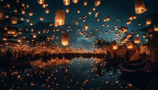 Traditionele lantaarnceremonie verlicht de nachtelijke hemel in de Oost-Aziatische cultuur gegenereerd door AI