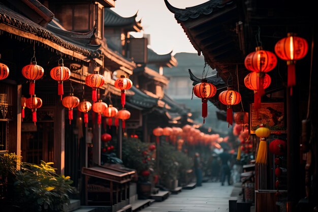 Traditionele lantaarns die sierlijk over een oude Chinese straat hangen