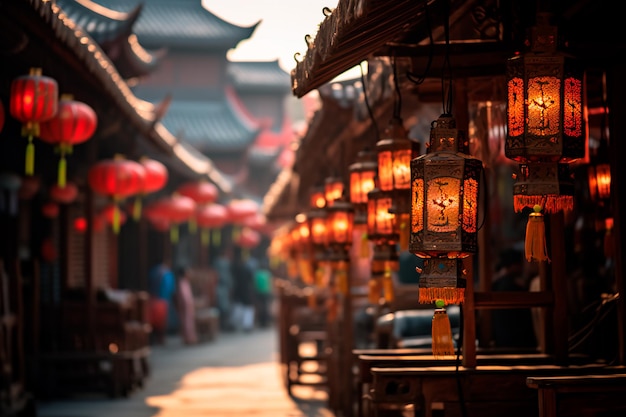 Foto traditionele lantaarns die sierlijk over een oude chinese straat hangen