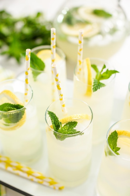 Traditionele limonade met een schijfje verse citroen en munt met papieren rietje in het glas.