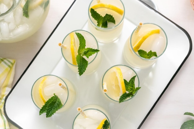 Traditionele limonade met een schijfje verse citroen en munt met papieren rietje in het glas.