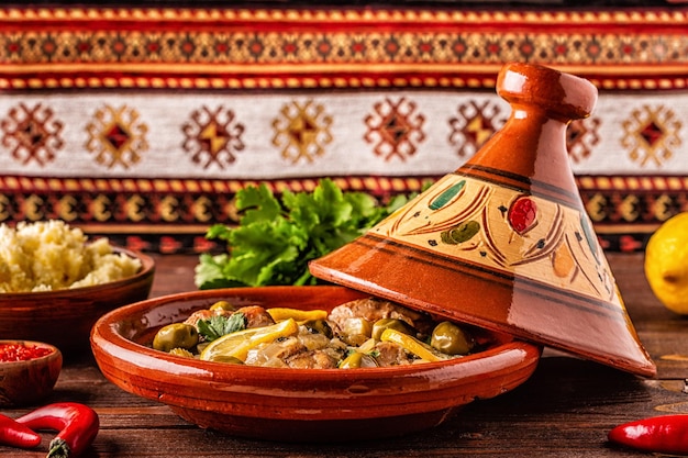 Traditionele Marokkaanse kiptajine met olijven en gezouten citroenen