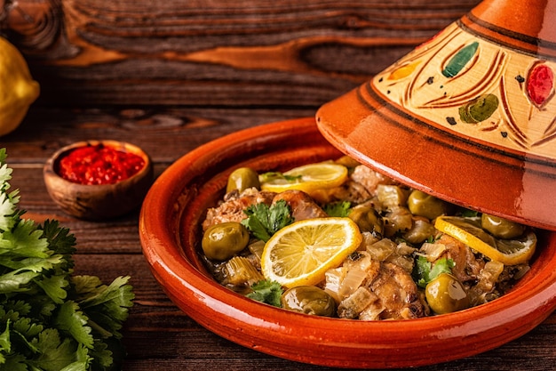 Foto traditionele marokkaanse kiptajine met olijven en gezouten citroenen