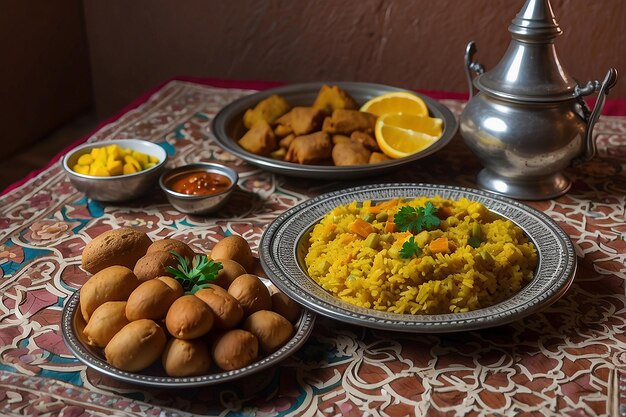 Traditionele Marokkaanse maaltijd voor de iftar in de tijd van de Ramadan nadat het vasten is gebroken