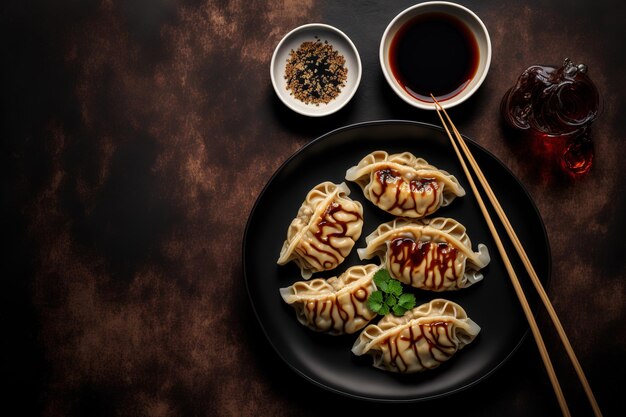 Traditionele met vlees gevulde knoedels bekend als gyoza in Japan gebakken noedelgerechten Sojasaus en gyoza op een schaal met een donkere betonnen achtergrond