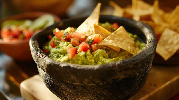 Foto traditionele mexicaanse guacamole in een molcajete met tortilla chips