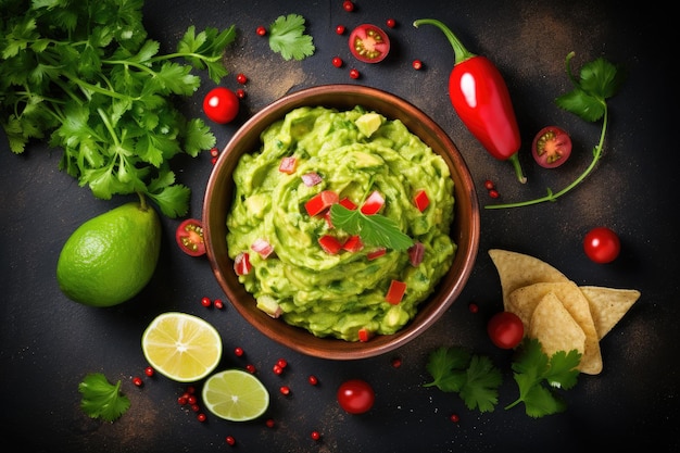 Traditionele Mexicaanse guacamole op een verse vegetarische schotel met avocado-ui, koriander, hete peper, toma