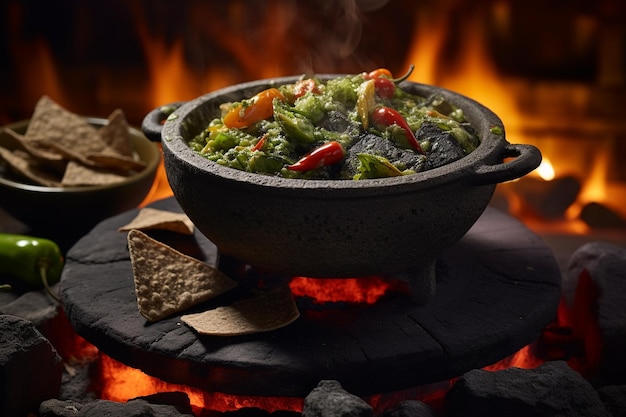 Traditionele Mexicaanse molcajete gevuld met vers gemaakte salsa en guacamole