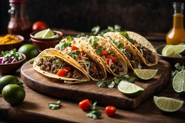 traditionele Mexicaanse taco's met vlees en groenten op houten tafel