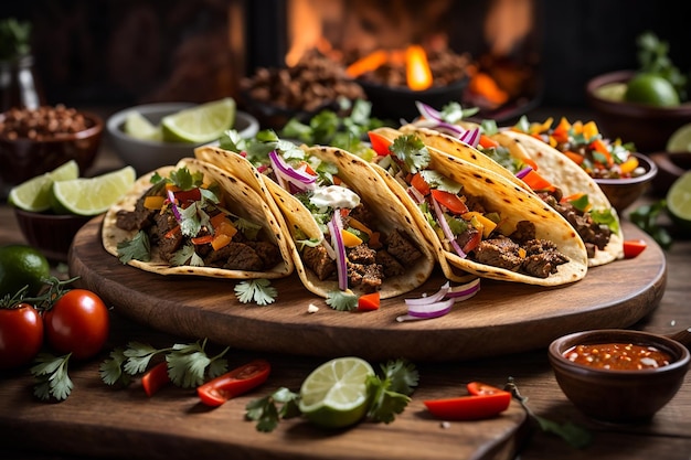 traditionele Mexicaanse taco's met vlees en groenten op houten tafel