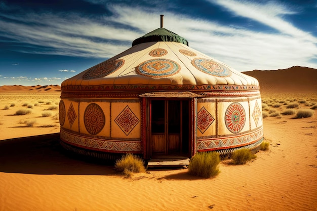 Traditionele nomadische yurt in luie steppe tegen de achtergrond van blauwe lucht