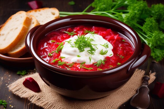 Traditionele Oekraïense borscht Kom met rode beetsoep borsch met witte room beetwortel deliciou