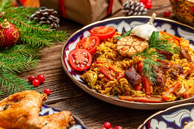 Traditionele Oezbeekse oosterse keuken. Oezbeekse familietafel uit verschillende gerechten voor de nieuwjaarsvakantie. De achtergrondafbeelding is een bovenaanzicht