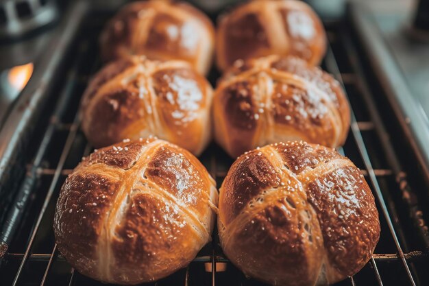 Traditionele paashot cross buns op een koelrek gegenereerd door AI