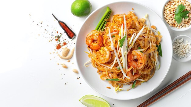 traditionele pad thai noedels geserveerd op een witte achtergrond