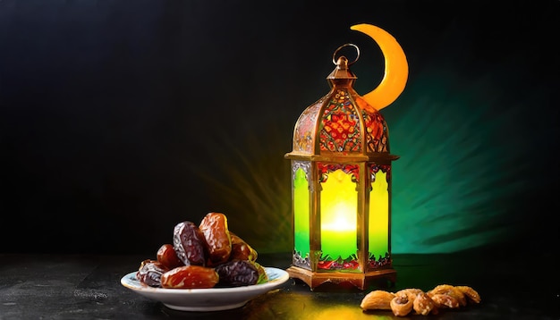 Traditionele Ramadan en Eid lantaarn lamp met halve maan data en fruit in een schaal op tapijt Gen