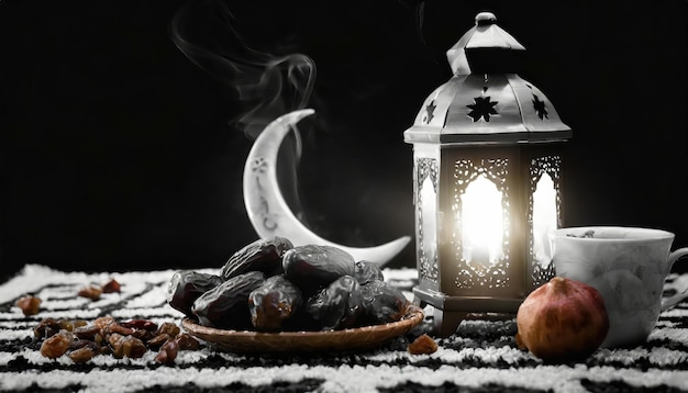 Traditionele Ramadan en Eid lantaarn lamp met halve maan data en fruit in een schaal op tapijt Gen