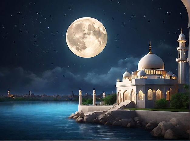 Traditionele ramadan moskee aan de oever van de rivier mooi op maanlicht nacht achtergrond generatief door Ai