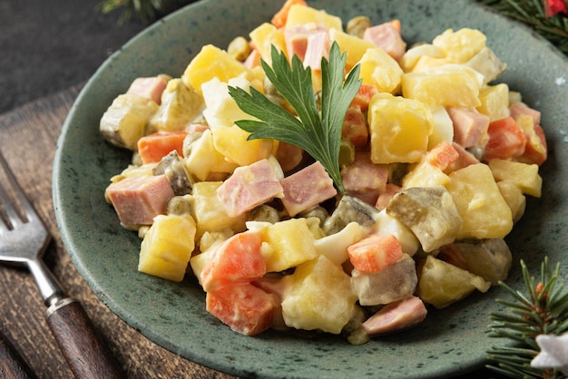 Traditionele Russische of Oekraïense salade Olivier van gekookte groenten en worst met mayo op zwarte tafel close-up