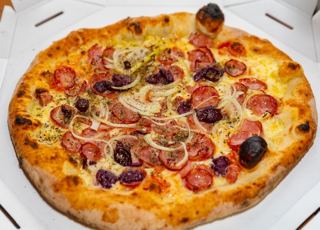 Traditionele rustieke pizza met peperoni, zwarte olijven, ui en basilicum Geïsoleerde pizza