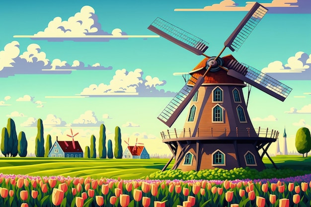 Traditionele setting met windmolen en tulpen, prachtig lenteveld en vorstelijke lucht