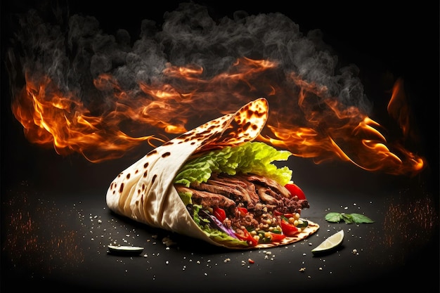 Foto traditionele shoarma met vlees en groenten in flatbread in brand op zwarte achtergrond