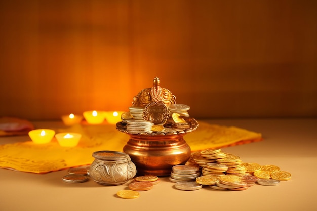 Foto traditionele shubh dhanteras hindoe religieuze gele achtergrond