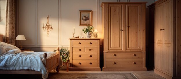 Foto traditionele slaapkamer met garderobe en dennenlaadjes