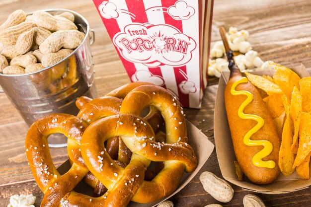 Foto traditionele snacks voor de gamedag waren corndogs en gezouten pinda's op een houten bord.