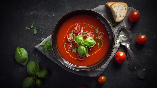 Traditionele Spaanse koude tomatensoep gazpacho in een kom over zwarte leisteen Generatieve AI