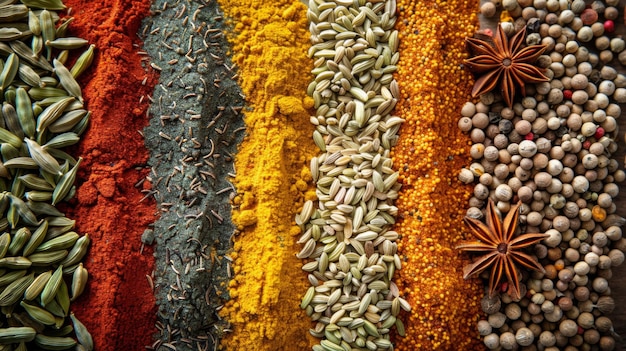 Foto traditionele specerijenmarkt achtergrond met saffraan venkel zaden en ster anijs