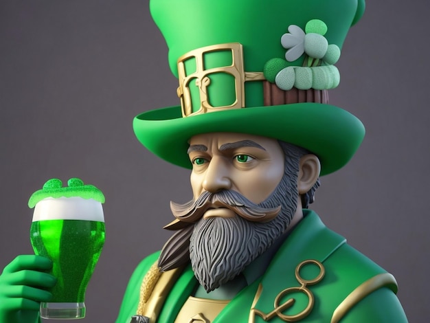 Traditionele St. Patrick's Day een standbeeld van een man met een baard drank en een groene hoed AIGenerated